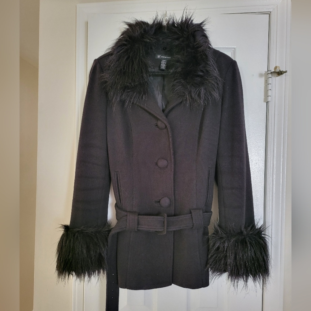 INC International Concepts Black Teddy Jacket with Faux Fur Trim